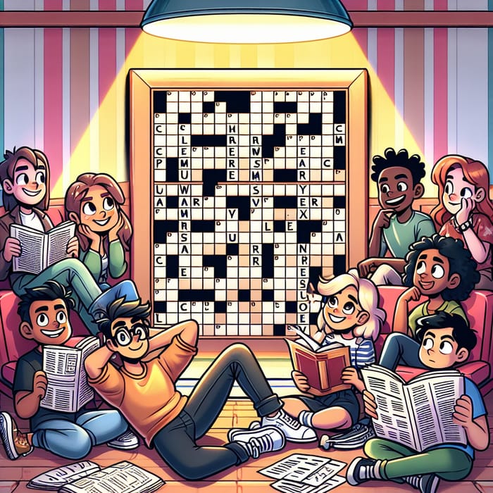 Fun Cartoon Crossword Puzzle Scene: Brain Teasers for All Ages