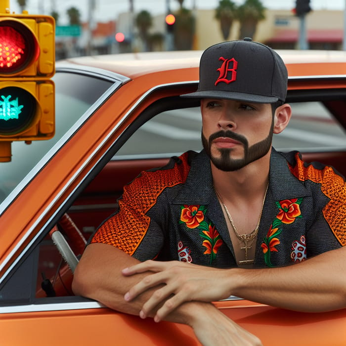 Hispanic Man in Flamboyant Shirt with 'B' Cap in Orange Car