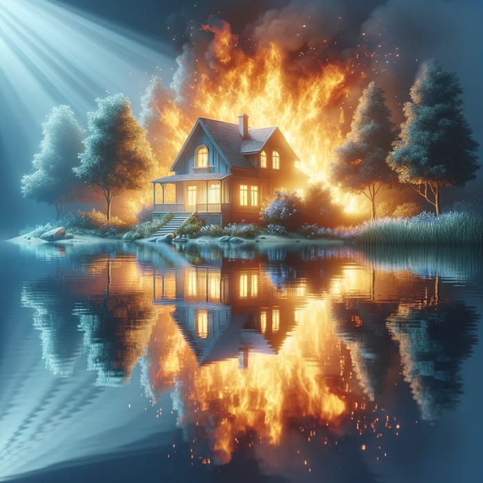 Tranquil Lake House Reflection with Fire's Glow