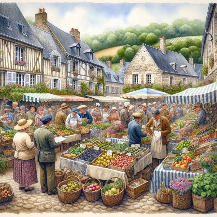 Vibrant Village Market Watercolor in Normandy