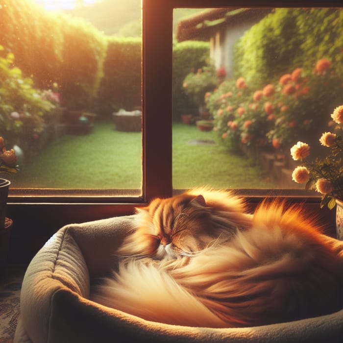 Peaceful Catnap Scene with Fluffy Orange Persian Cat