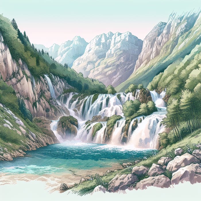 Mountain Water Source - Serene Cascade in Pastel Colors