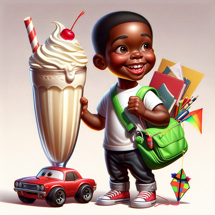 Happy Boy with Milkshake, Green Bag, Red Toy Car, and Kite