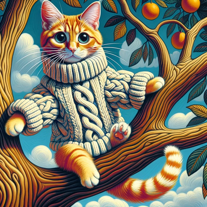Whimsical Art of Ginger Cat Hanging from Tree Branch in Cable-Knit Sweater