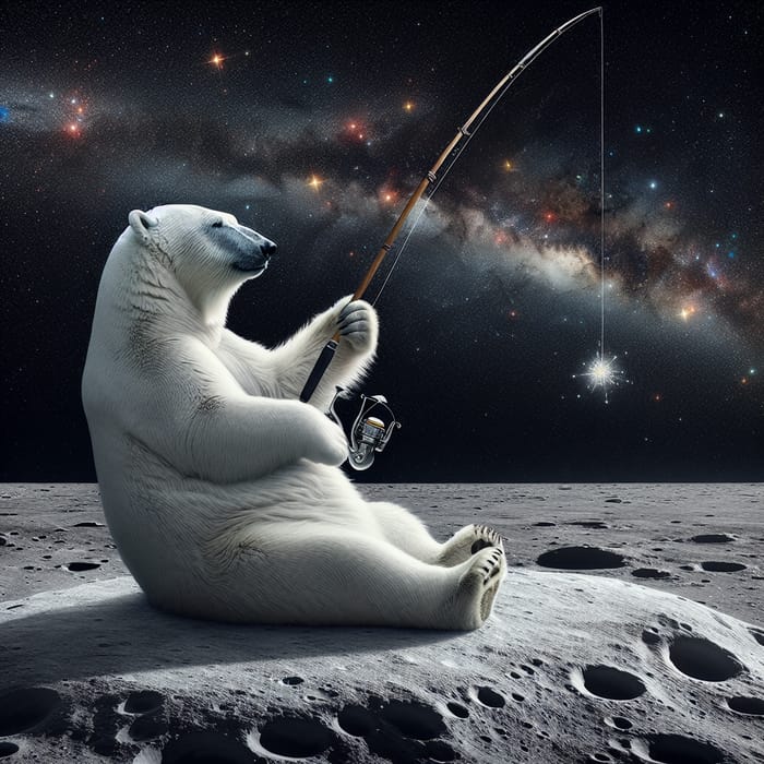 White Polar Bear Fishing for Stars on Moon | Serene Cosmic Scene White Polar Bear Fishing for Stars on Moon | Serene Cosmic Scene