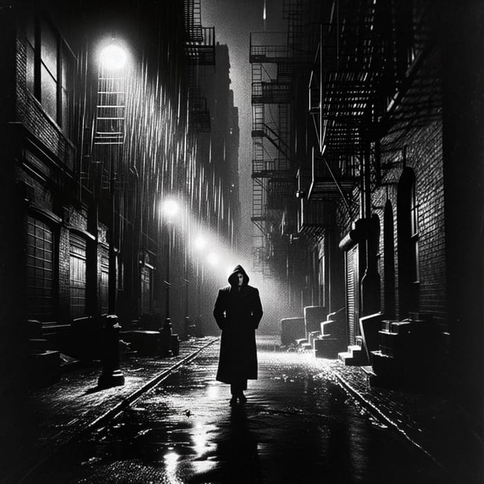 Urban Film Noir Scene: Mystery in Shadows, Cinematic Setting