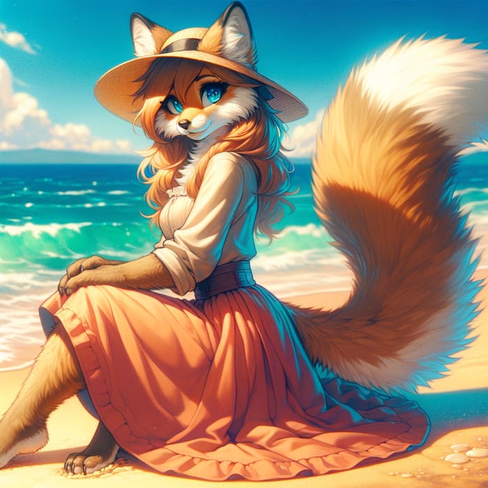 Fox Cat Girl in Vibrant Beach Scene