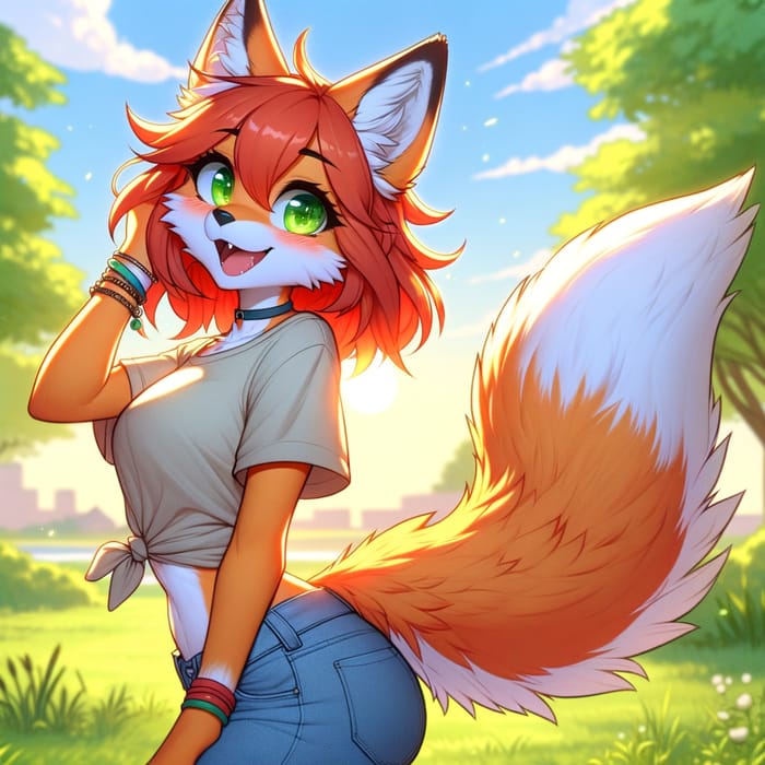 14-Year-Old Fox Girl Illustration | Playful Pose in Summery Setting