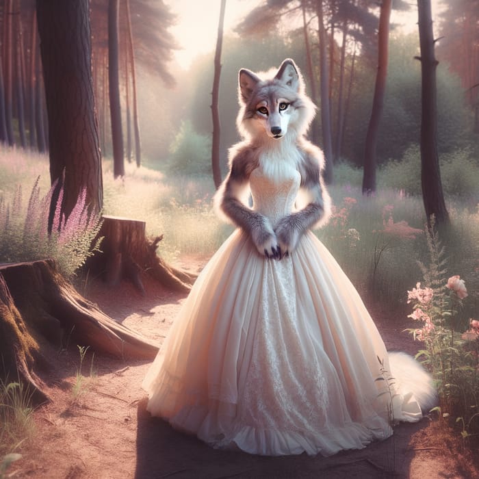 Ethereal Wolf Girl in White Wedding Gown - Serene Forest Portrait