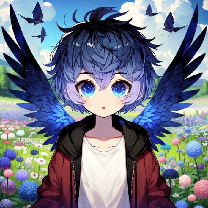 Anime-Style Teenage Character with Blue Hair, Dark Skin & Black Wings