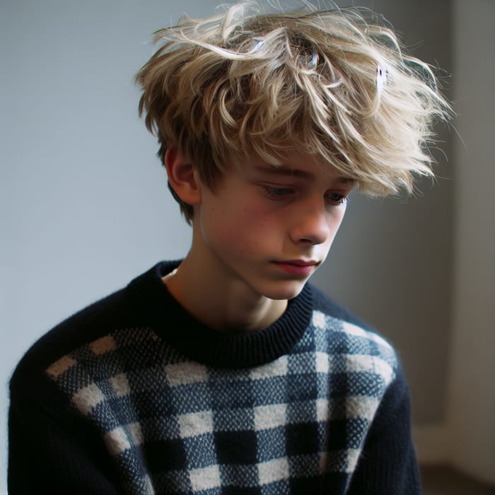 Boy with Messy Blonde Hair in Checkered Sweater