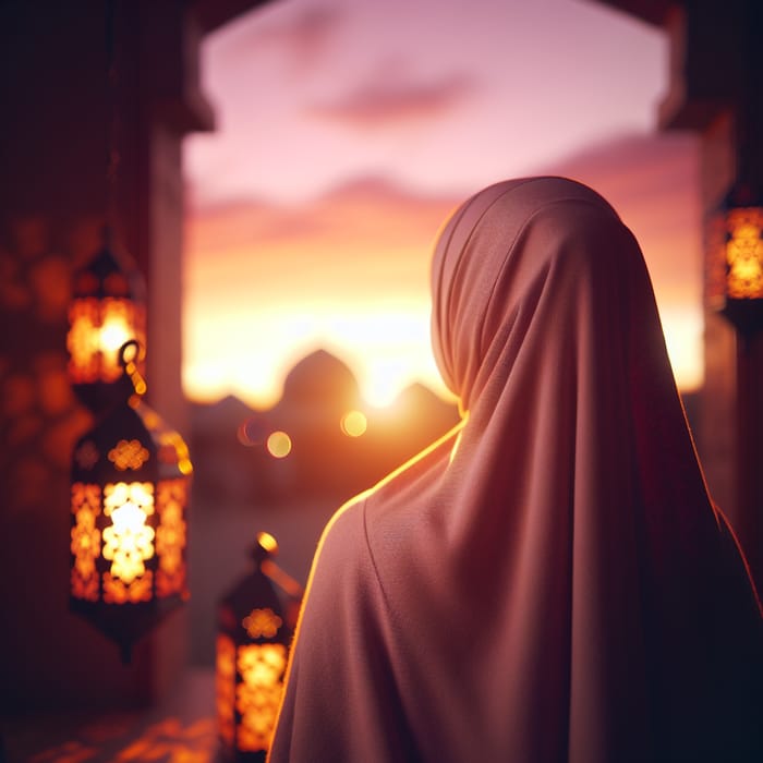 Graceful Hijabi Woman in Ramadan at Orange-Purple Sunset