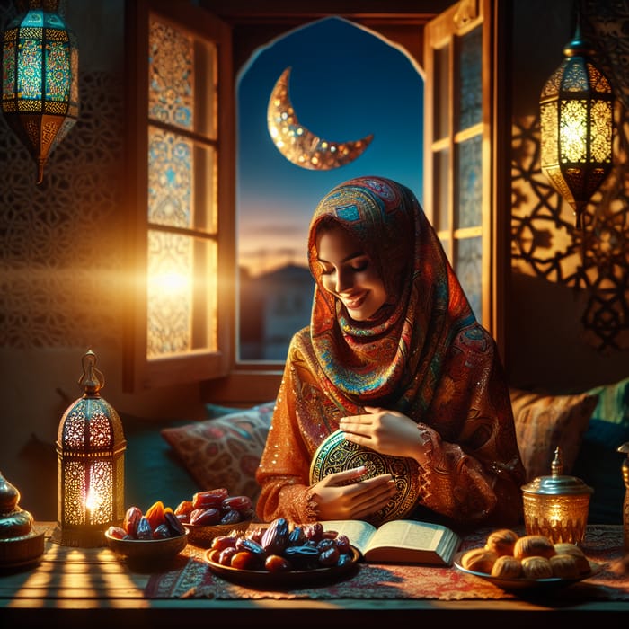 Middle-Eastern Woman in Vibrant Hijab Celebrating Ramadan at Festive Table