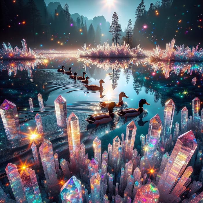 Ducks Swimming in Serene Pond Surrounded by Colorful Crystals and Sparkles