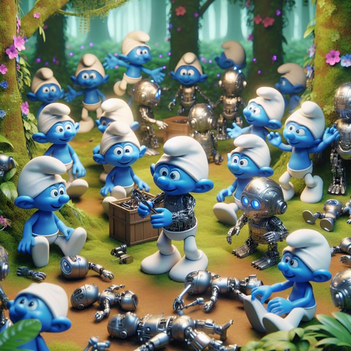 Robotic Smurfs in Enchanted Forest Diorama