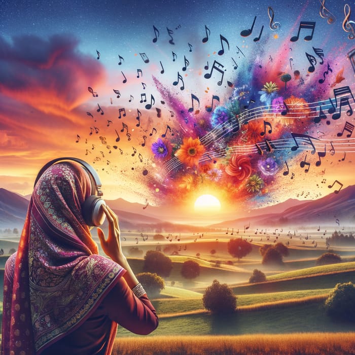 Musical explosion at sunset: Woman surrounded by random musical notes