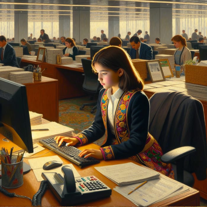 Oil Painting of a Tajik Girl at Workplace in Corporate Setting