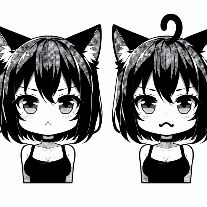 Black and White Manga Drawing of Catgirl with Short Black Hair and Pouty Expression