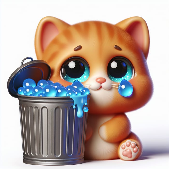 Chubby Ginger Kitten Behind Garbage Bin | Playful 3D Cartoon Cat