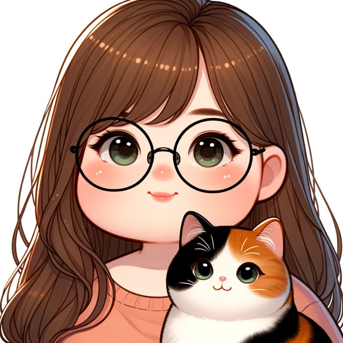 Chubby Asian Girl with Long Brown Hair and Calico Skinny Cat