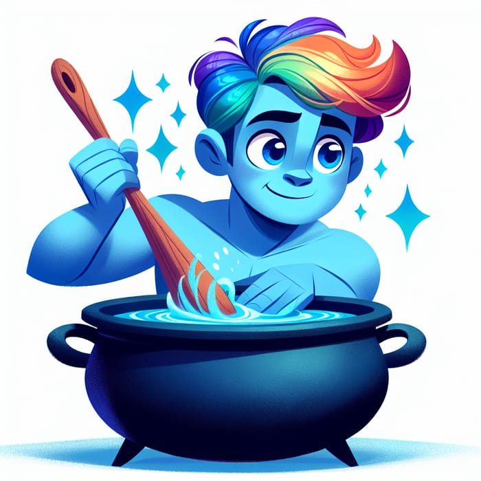Friendly Blue Character Stirring a Vibrant Cauldron