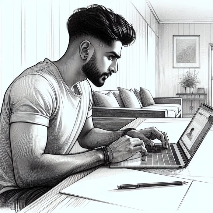 Detailed Sketch of Man Sitting on Laptop