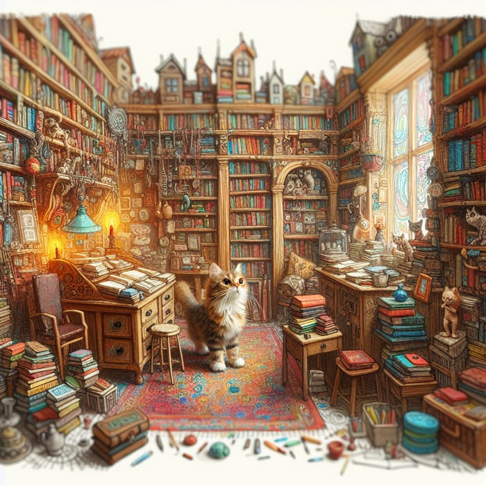Whimsical Library Scene with Curious Cat & Vibrant Colors