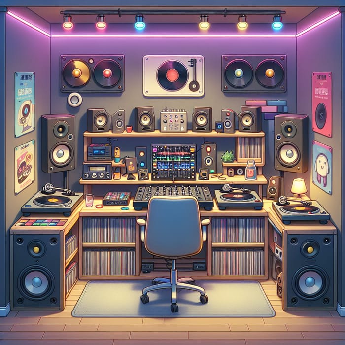 Cozy DJ Studio Interior | Mixer, Turntables, Vinyl Records