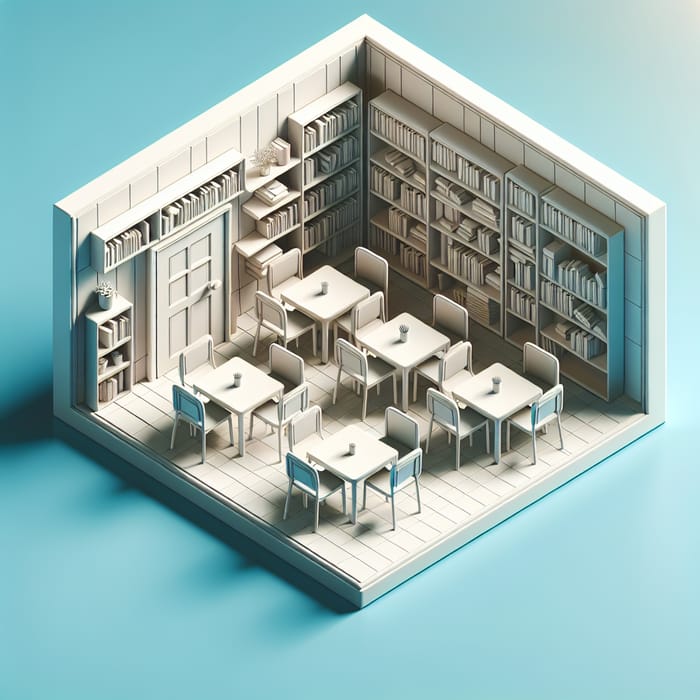 Small 3D School Library with Chairs, Tables, and Book-Filled Cabinet