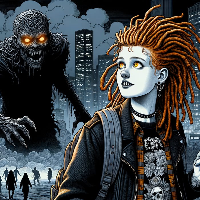Ginger Vampiress in Punk City Night: Hyperdetailed Horror Scene