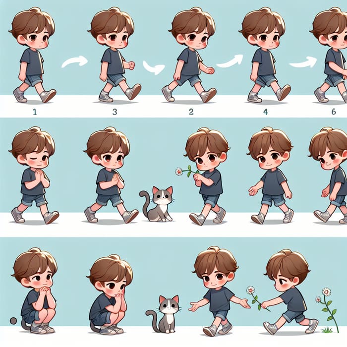 Young 2D Boy Expressions in Multi-step Walking & Flower Picking