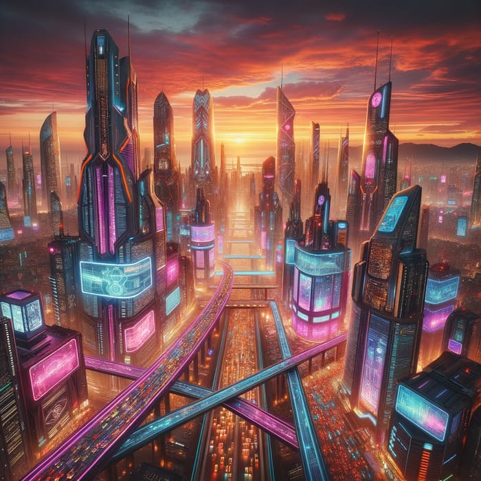 Vibrant Neon Cyberpunk Cityscape at Dusk