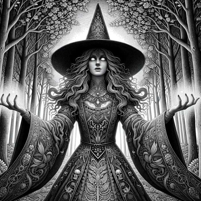Enchanted Blackwork Witch in Mystical Forest