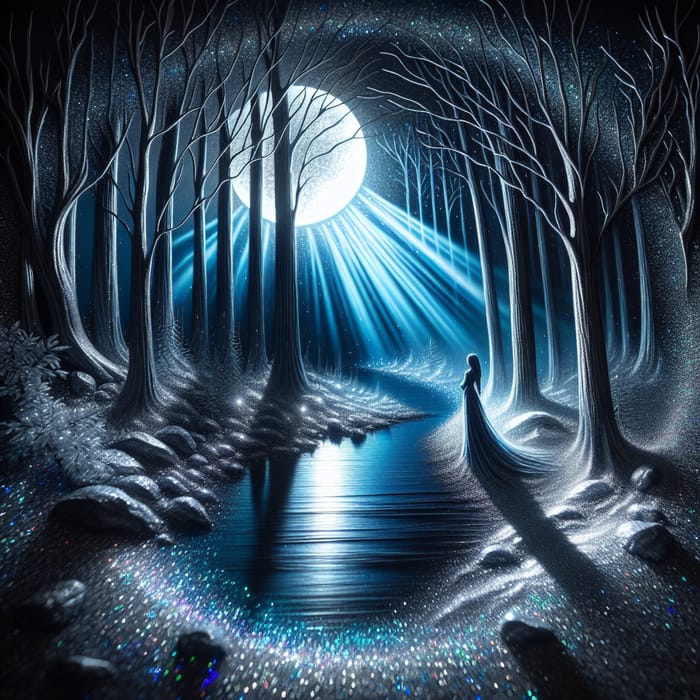 Moonlit Forest Fantasy Scene | Silver & Blue Tones, Digital Art