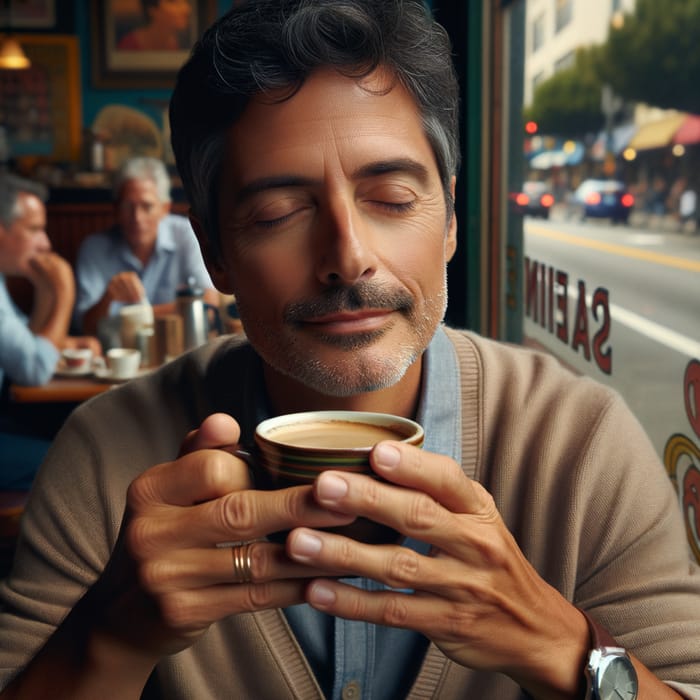 Tranquil Cafe Scene: Serene Hispanic Man with Coffee