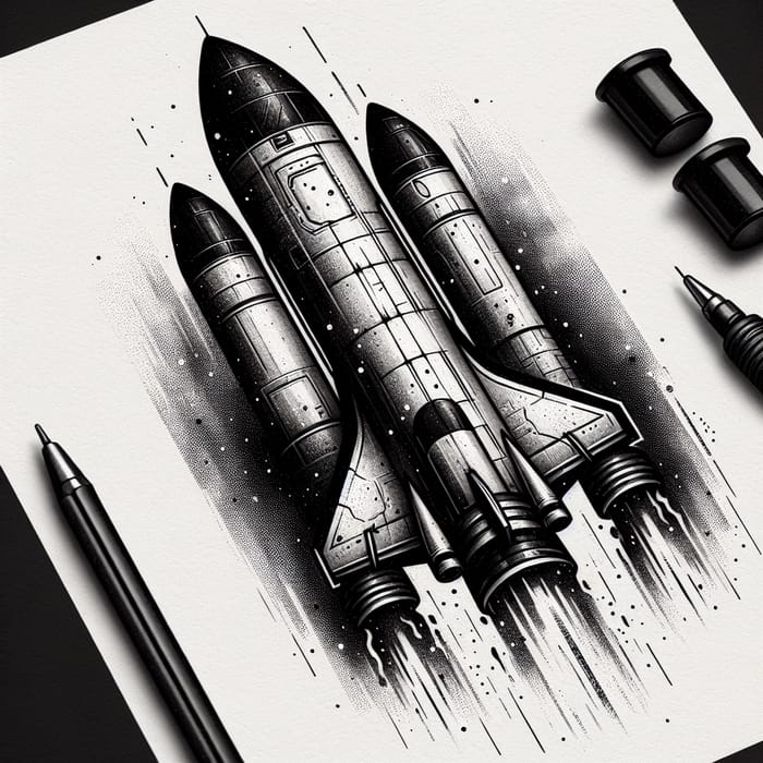Bold Hand-Drawn Rocket Tattoo Design with Intricate Details