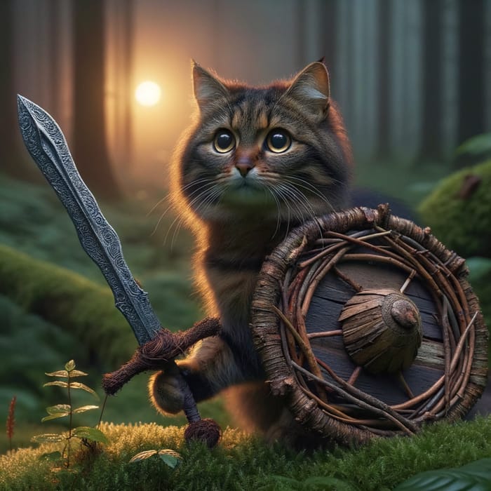 Adventure Cat - Courageous Feline with Wooden Sword & Shield