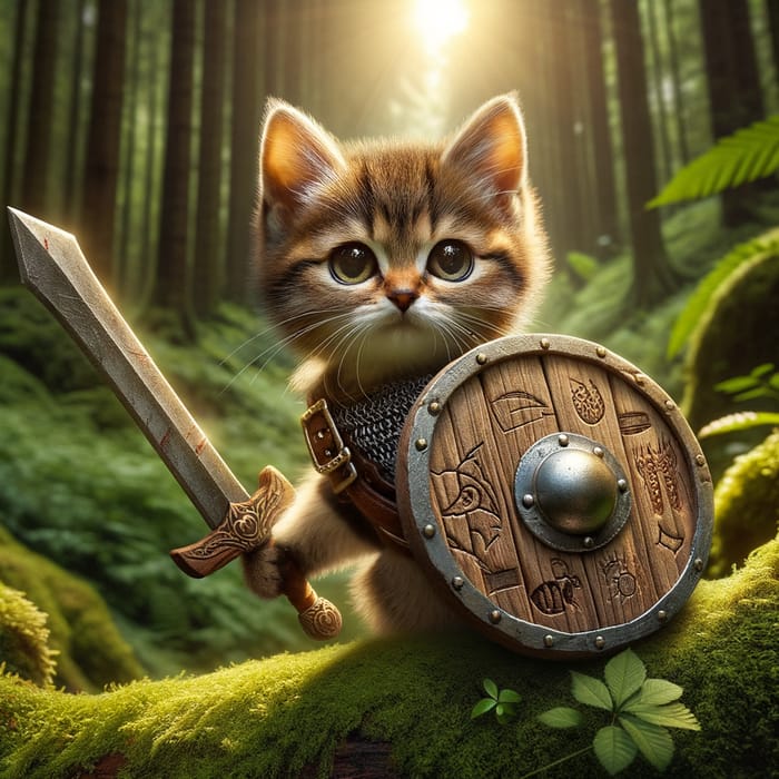 Adventure Cat with Wooden Sword and Shield in Green Forest