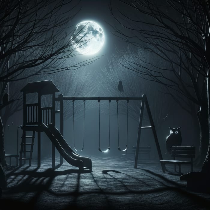 Dark Playground: Creepy Scene with Moonlight, Swings, and Slide