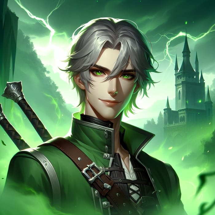Young Male Necromancer with Green Eyes & Two Swords in Green Mist