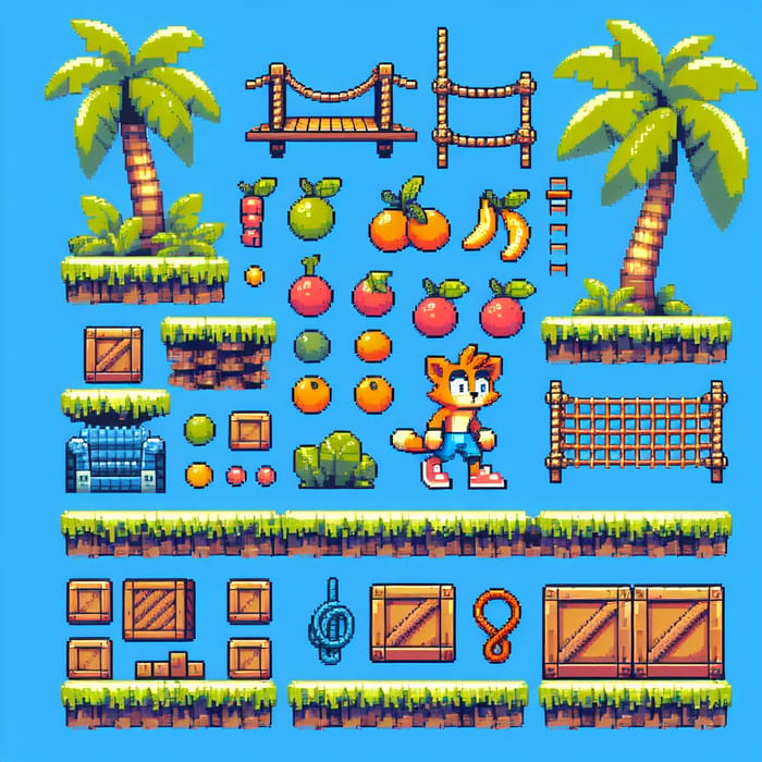 Pixel Art Tileset: Quirky Orange Creature on Tropical Island