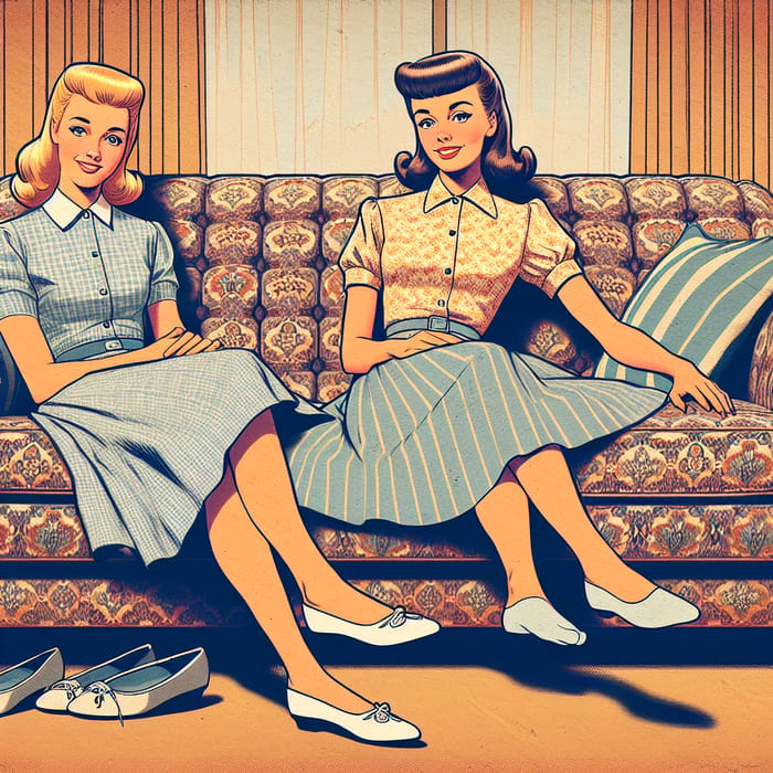 Charming 1950s White Women Relaxing on Vintage Couch