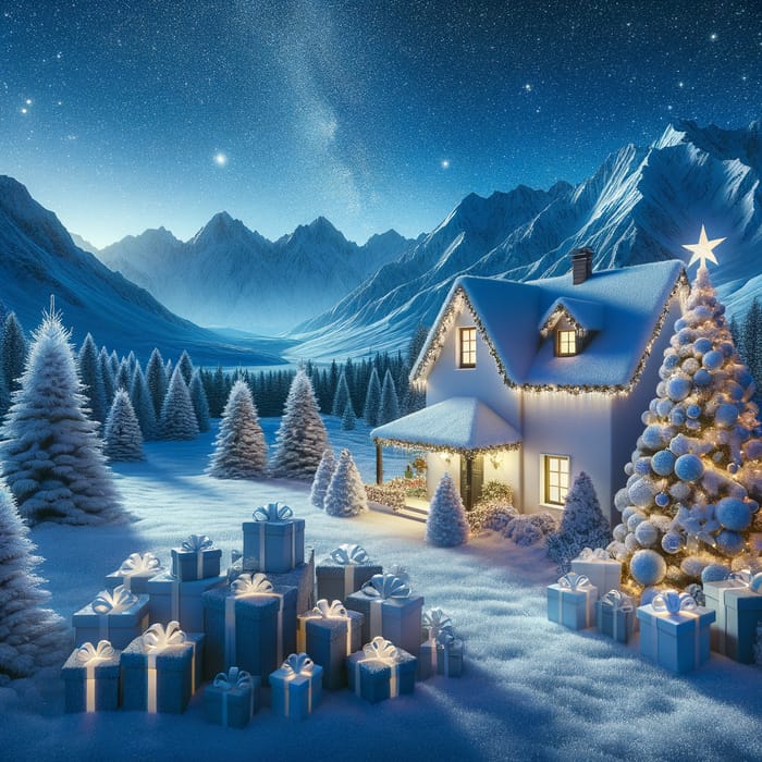 Snow-Covered Mountains & Cozy Christmas Scene with Starlit Sky and Festive Chalet