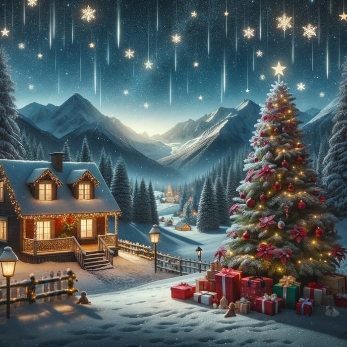 Starry Christmas Night with Snowy Mountains and Cozy Cabin