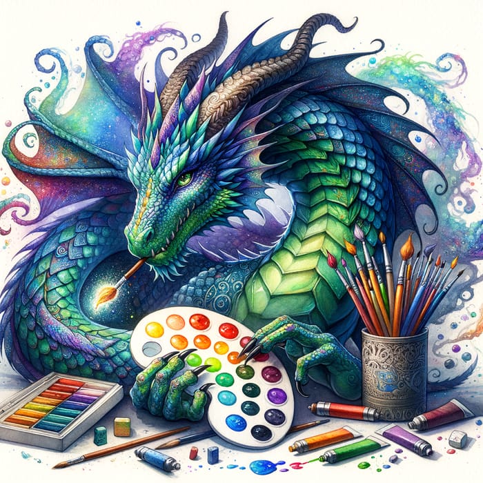 Dragon with Artistic Materials | Vibrant Watercolor Painting