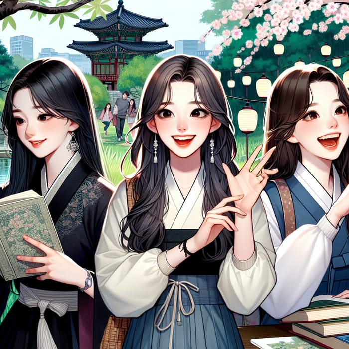 Three Korean Girls Enjoying Nature in Park