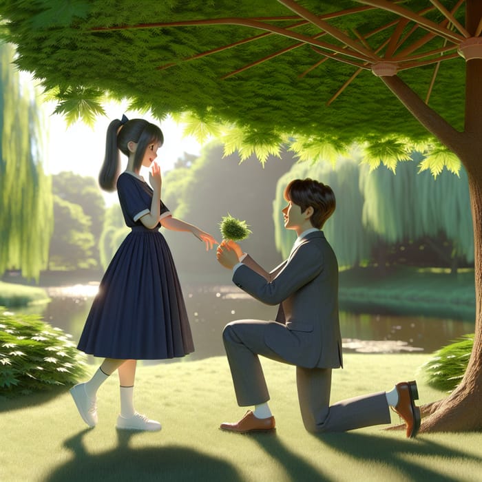 3D AI Girl's Romantic Proposal in Serene Park Scene