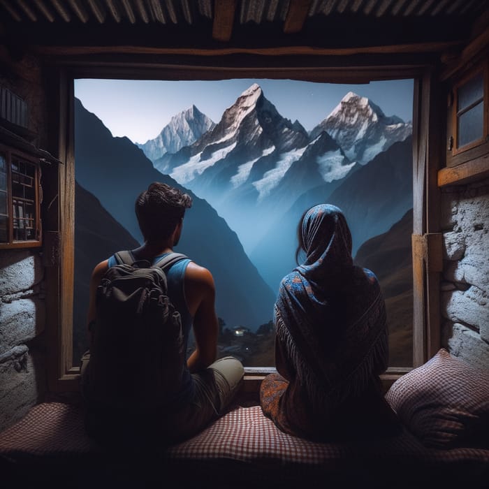 Night Scene: Two Men in Mountain Hut, Himalayan View