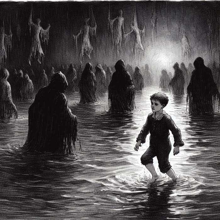 Foreboding Scene of a Young Child in Dark Water | Anime Illustration
