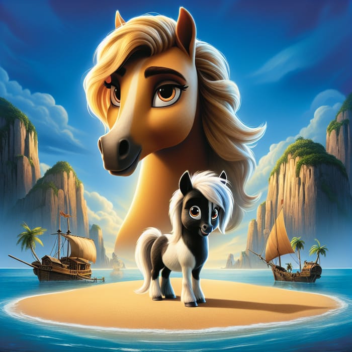 Haflinger Mare & Shetland Pony on Deserted Island: Animated Pixar Poster